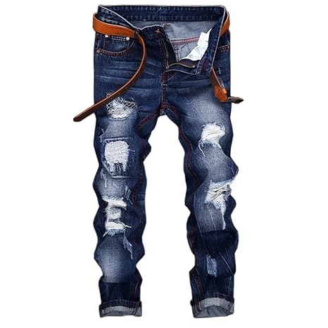 Herren Jeanshose Slim Jeans Zerrissen Verwaschen Löcher Denim Hose