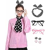 Stenoloma 7 Pieces 1950s Pink Satin Jacket Halloween Cosplay Costume Set for Women Girl