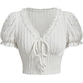 Verdusa Women's Knot Front Lace Trim Puff Sleeve V Neck Crop Tee Shirt Top