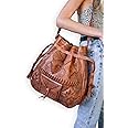 Moroccan Leather Bucket Bag for Women – Bohemian Tooled Crossbody Purse | Moroccan Gypsy Drawstring Tote, Vintage Hippie Shoulder Bag (Tan)