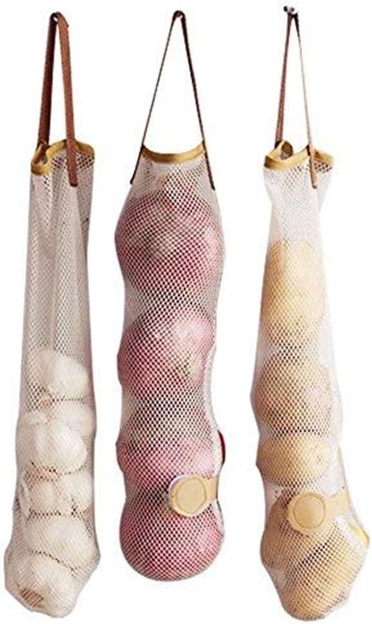 Reusable Produce Bags, Danolt 3 PCS Breathable Mesh Bag Kitchen Storage Hanging Holder Bag for Vegetable Fruit Onion Garlic Potato