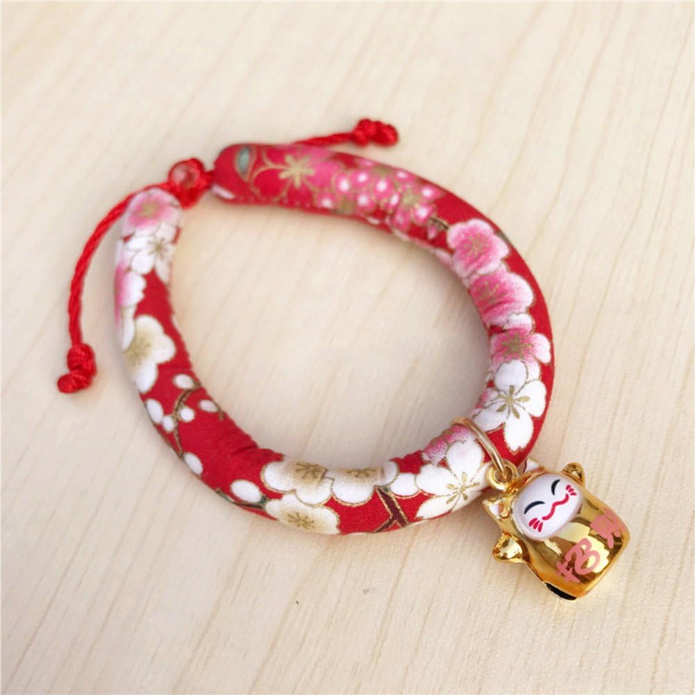 Yeshai3369 Cat Collar, Japanese Style Adjustable Flowers Print Pet Cat Collar 20cm - 25cm Girth Red Small