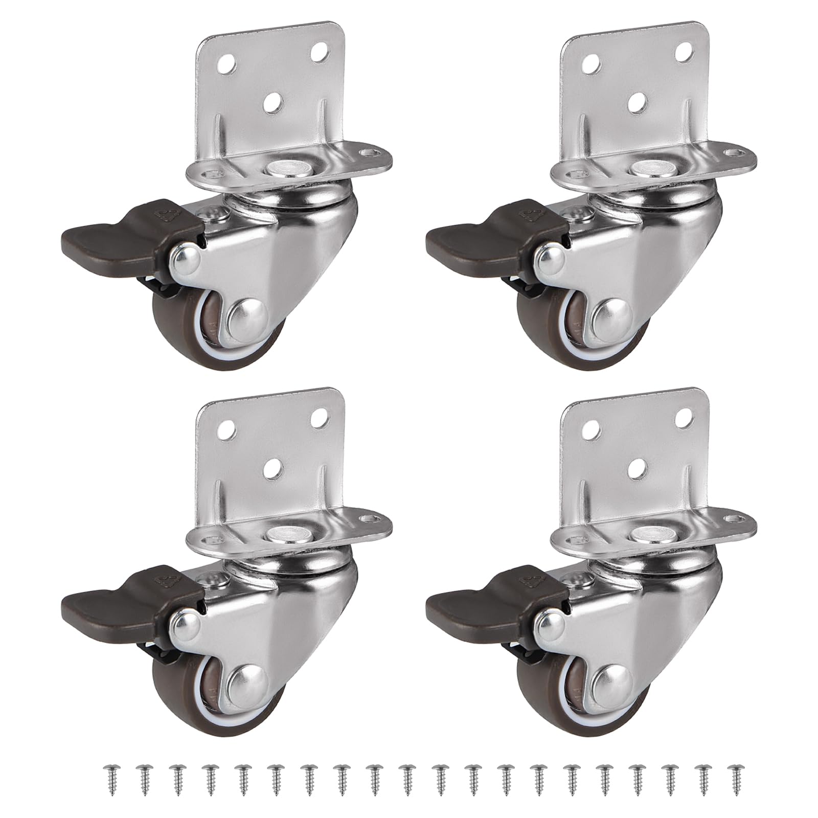 Skelang 4 Pcs L-Shaped Plate Swivel Castor, 25mm Wheel with Brake, TPE Caster for Plant Stand, Cabinet, Trolley, Total Load Capacity 45kg