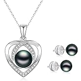 LOIPURI Pearl Necklace and Earring Set for Women, Gold Plated/925 Sterling Silver Heart Jewelry Set-Black Pearl Cubic Zirconia Gifts for Women Wife Mom-Wedding Anniversary Mothers Day Gifts