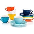 Sweese 2 Ounce Espresso Cups with Saucers, Porcelain Espresso Cups Set of 6 - Hot Assorted Colors