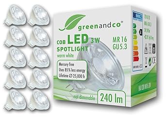 10x greenandco® LED Spot ersetzt 25 Watt MR16 GU5.3 Halogenstrahler, 3W 240 Lumen 2700K warmweiß COB LED Strahler 38° 12V AC/