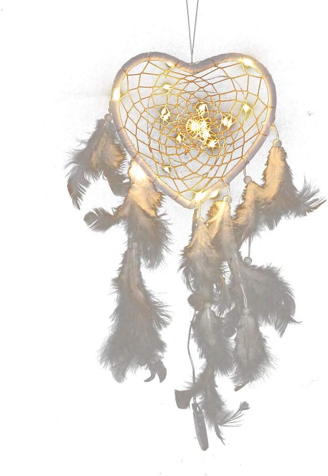 Stheanoo Handmade Dreamcatcher White Feathers Heart-Shaped Dream Catchers with LED Night Light Hanging Ornament for Bedroom Living Room Wall
