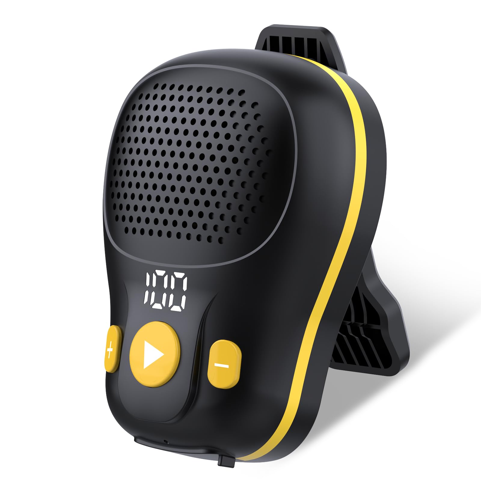 Photo 1 of ZYHKON Wearable Bluetooth Speaker, Clip-on Wireless Portable Speakers, IP56 Waterproof Clip Speaker Up to 18 Hours Battery Life, Built-in Mic for Hands-Free Music/Calls, Work/Outdoor, Black and Yellow