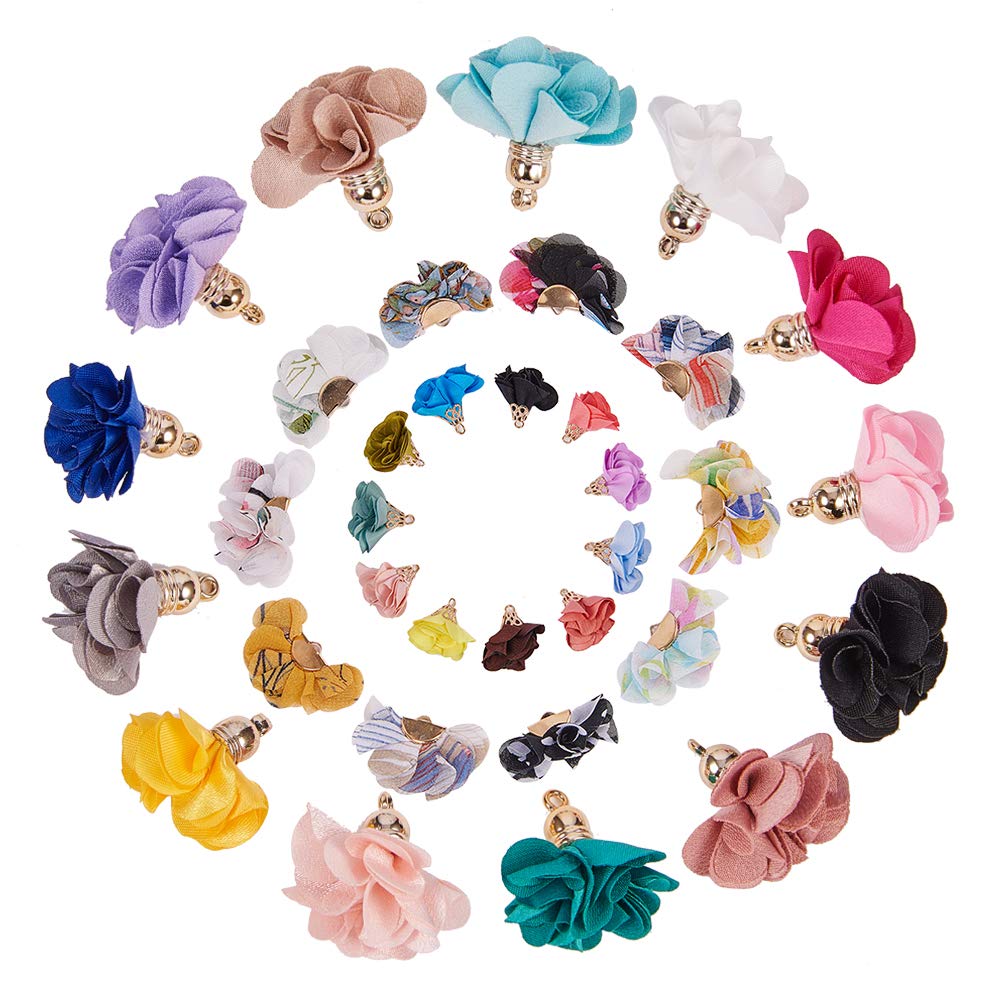 SUNNYCLUE 60pcs 3 Style 3D Cloth Flower Charms Pendants Fabric Floral Petal Tassel with Acrylic Caps Key Chain for Jewelry Making
