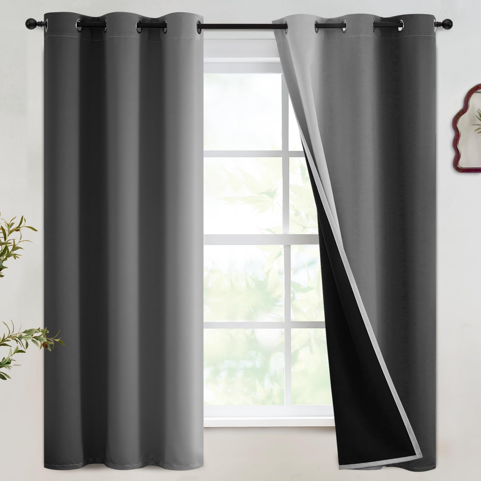 SimpleHome 100% Blackout Ombre Room Darkening Curtains for Living Room, Light Blocking Grey to Greyish White Thermal Insulated Grommet Window Drapes for Bedroom, 2 Panels, 42x63 inches Length Image