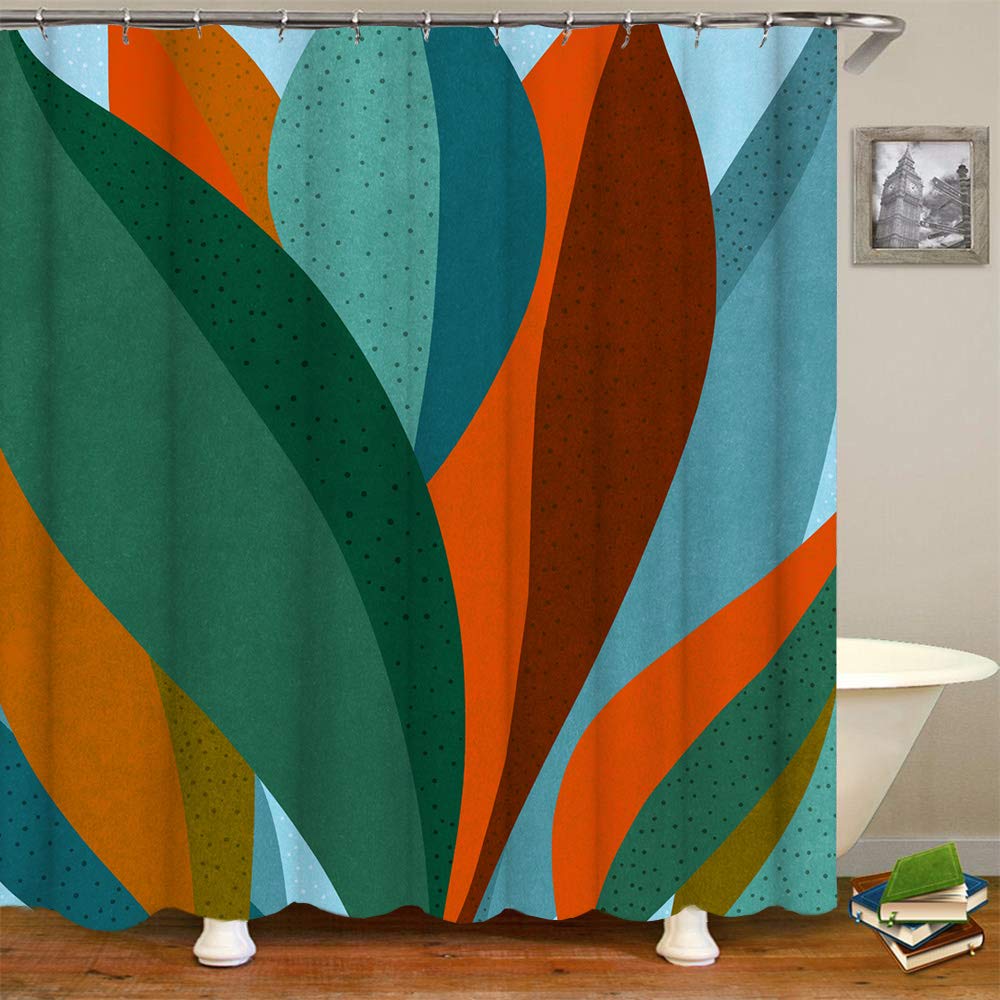Photo 1 of RnnJoile Abstract Leaves Shower Curtain Cloth Tropical Palm Leaf with Dots Print Bath Curtain Green Orange Bathroom Decor with Hooks 72"×72" Unisex