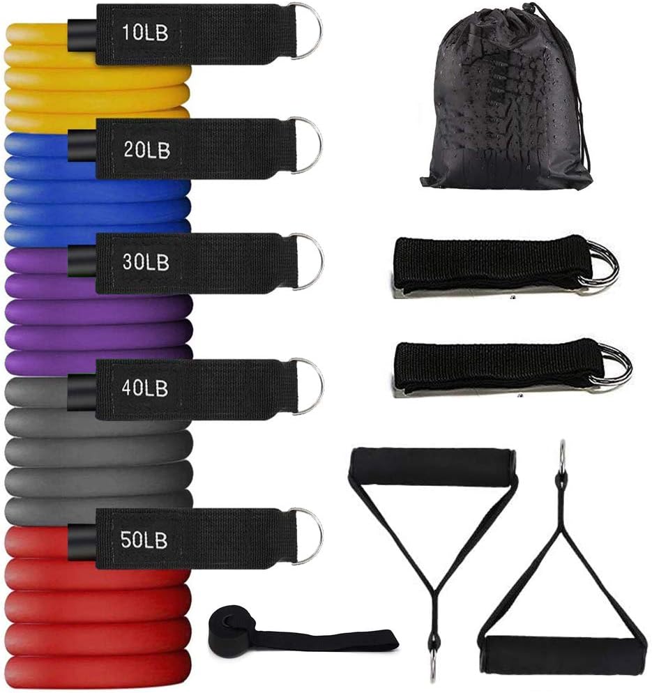 AUPERTO 11Pcs Exercise Resistance Bands Set - Workout Fitness Set with 5 Tubes, 1 Door Anchor, 2 Handles, 2 Ankle Straps, Carrying Pouch for Men Women Home Gym Exercise
