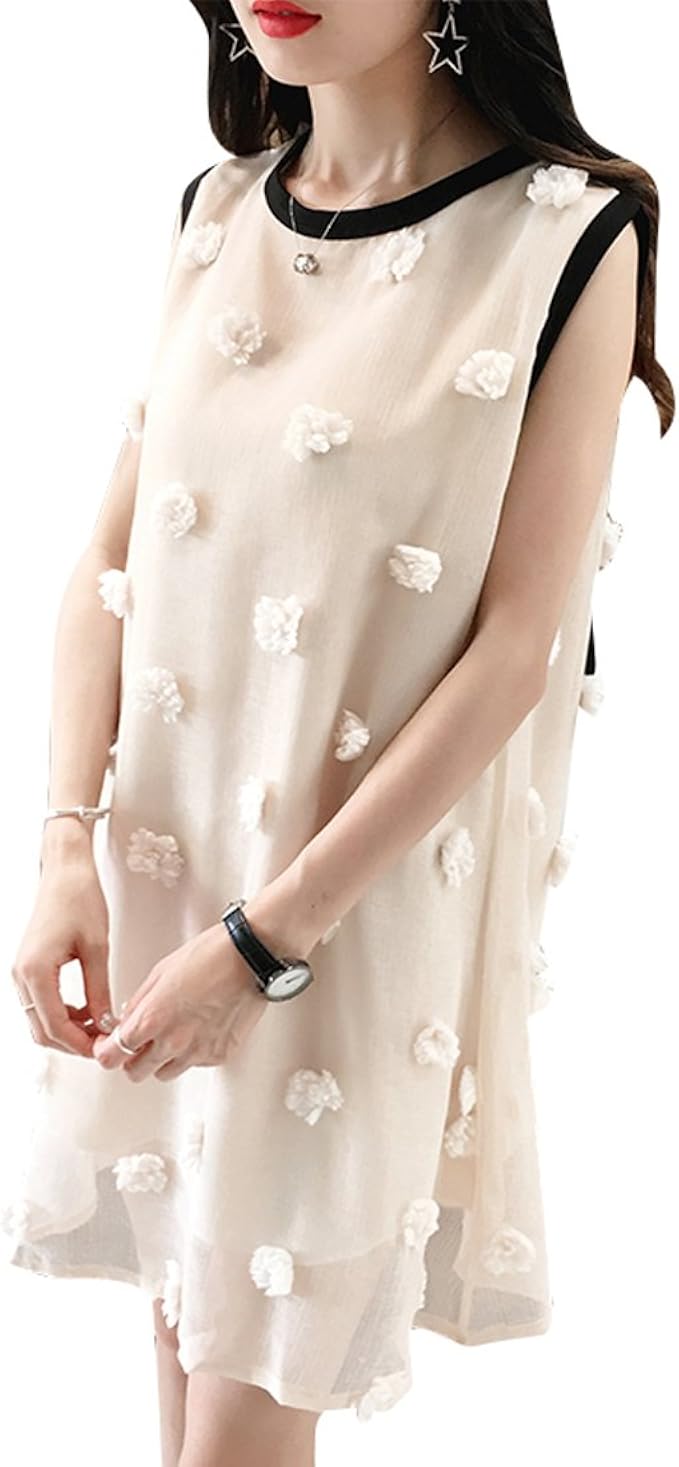 Amazon ワンピース 膝丈 ノースリーブ ドット 柄 きれいめ シフォン かわいい ミニ 白 ホワイト ピンク S M L Xl S ホワイト ワンピース チュニック 通販