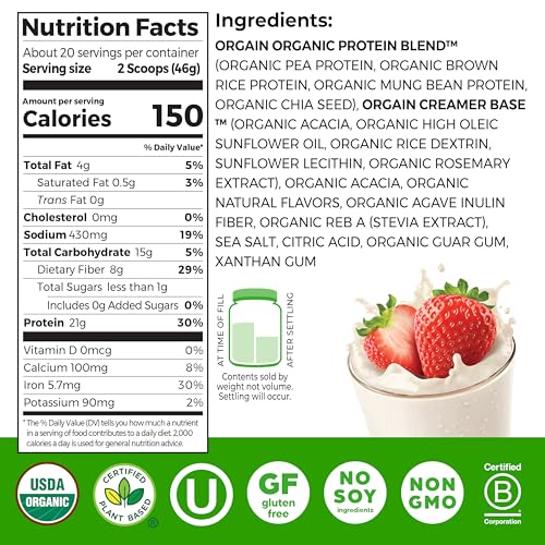 Orgain Organic Vegan Protein Powder, Strawberries & Cream - 21g of Plant Based Protein, Low Net Carbs, Gluten/ Lactose Free, No Sugar Added, Soy Free, Non-GMO, 2.03 Lb