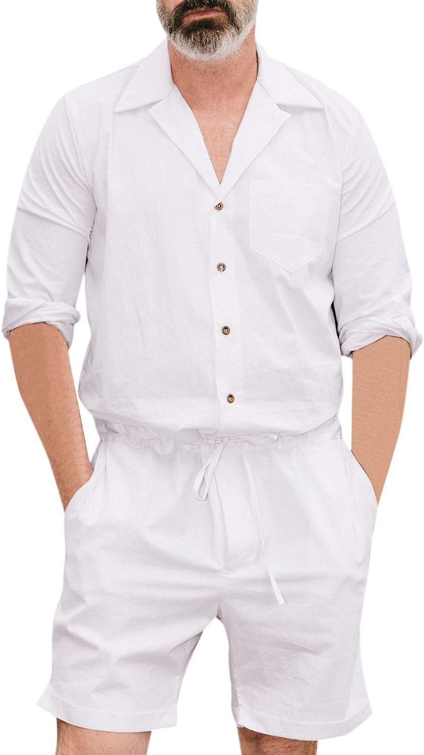 Mens Long Sleeve Rompers One Piece Jumpsuits Drawstring Casual Roll Up Coverall with Pockets
