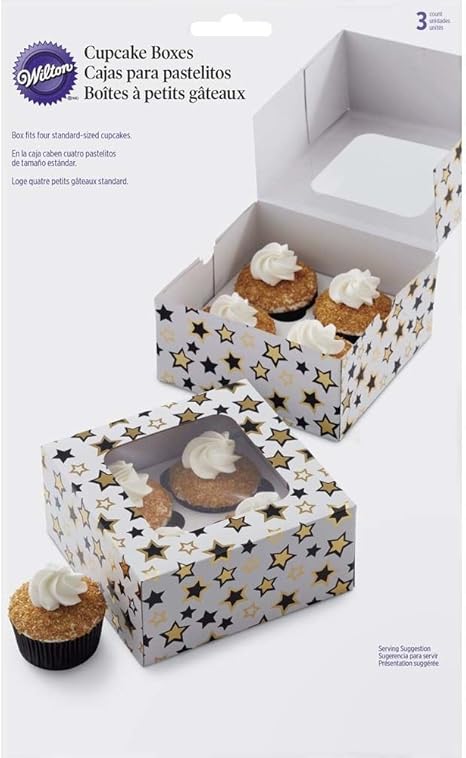 Wilton – Negro y Oro Estrellas Cajas para Cupcakes, Multicolor, Pack de 3: Amazon.es: Hogar
