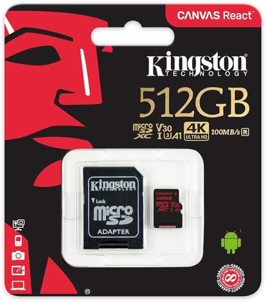 Amazon Com Kingston Digital Sdcr 512gb Canvas React 512gb Microsdxc Class 10 Microsd Memory Card Uhs I 100mb S R Flash Memory High Speed Microsd Card With Adapter Computers Accessories