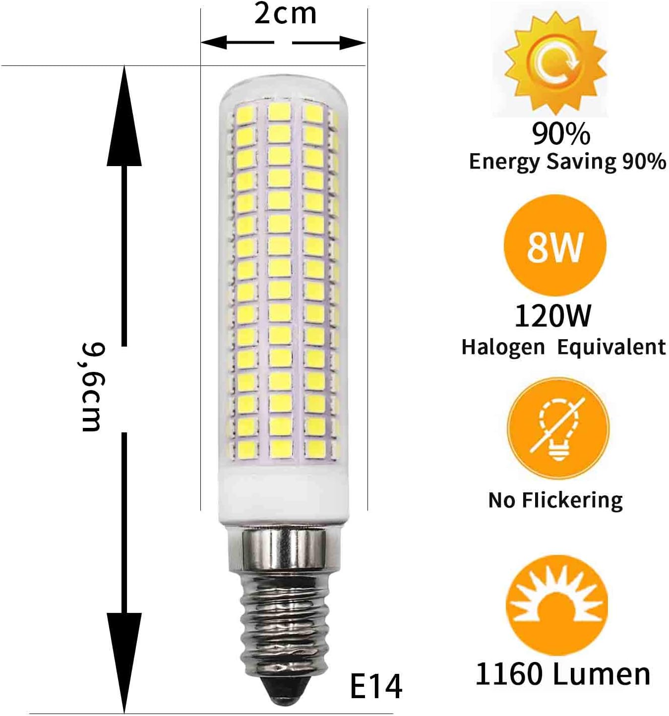 MJIUZHOU E14 Led Light Bulb 8W Equivalent to 80W 100W 120W Halogen Cool White 6500K 1160Lm AC 95V- 265V C7 Edison Chandelier Small Base for Refrigerator Ceiling Fan Bedroom Salt Lighthouse Pack of 2 - Image 4