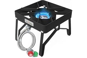 COOKAMP High Pressure Gas Cooker Outdoor Propane Burner with 0-20 PSI Adjustable Regulator and Steel Braided Hose (STEEL) SA1100