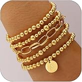 Lydow Beaded Bracelets for Women, 18K Gold Plated Initial A-Z Stretch Bead Ball Stackable Bracelet with Letter Jewelry Set Gifts
