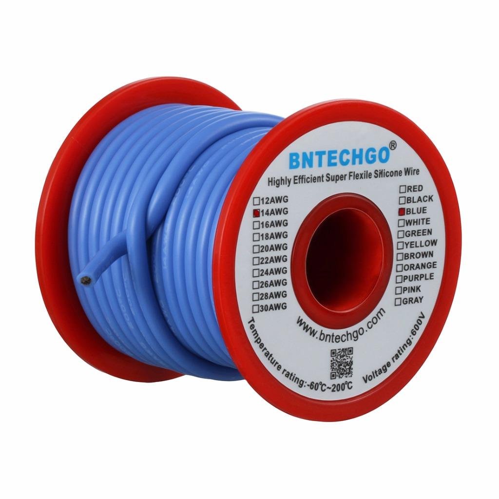 BNTECHGO 14 Gauge Silicone Wire Spool Blue 25 ft Ultra Flexible High Temp 200 deg C 600V 14 AWG Silicone Rubber Wire 400 Strands of Tinned Copper Wire Stranded Wire for Model Low Impedance