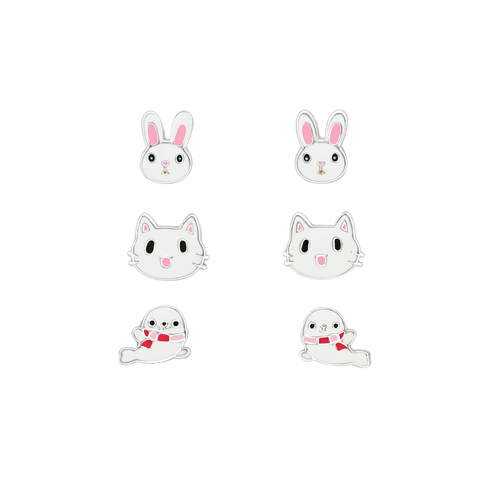 The Rose & Silver Company Girls 925 Sterling Silver Rabbit Cat Seal Stud Earrings Set