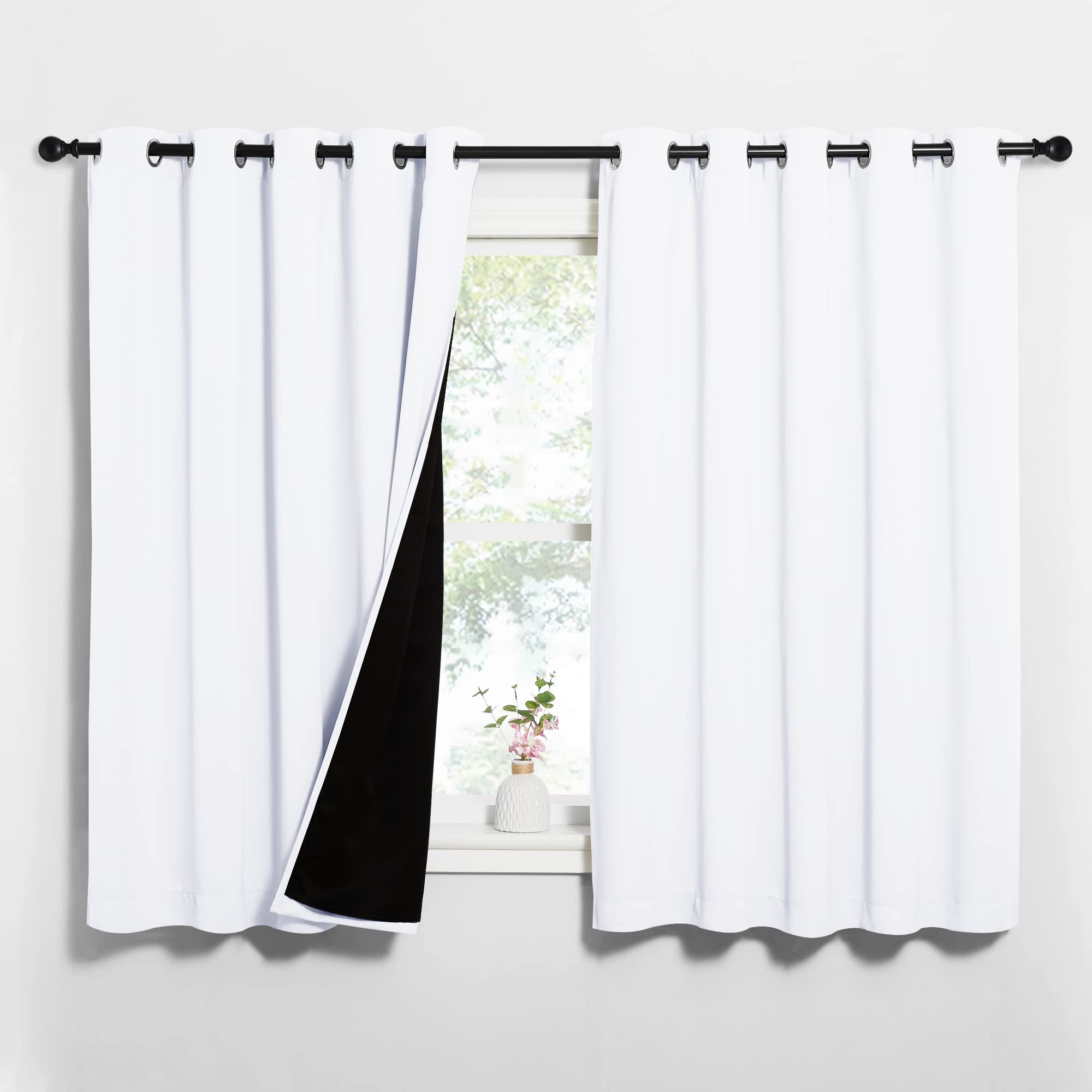 Photo 1 of NICETOWN White 100% Blackout Lined Curtains, 2 Thick Layers Completely Blackout Window Treatment Thermal Insulated Drapes for Kitchen/Bedroom (1 Pair, 62 inches Width x 63 inches Length Each Panel)