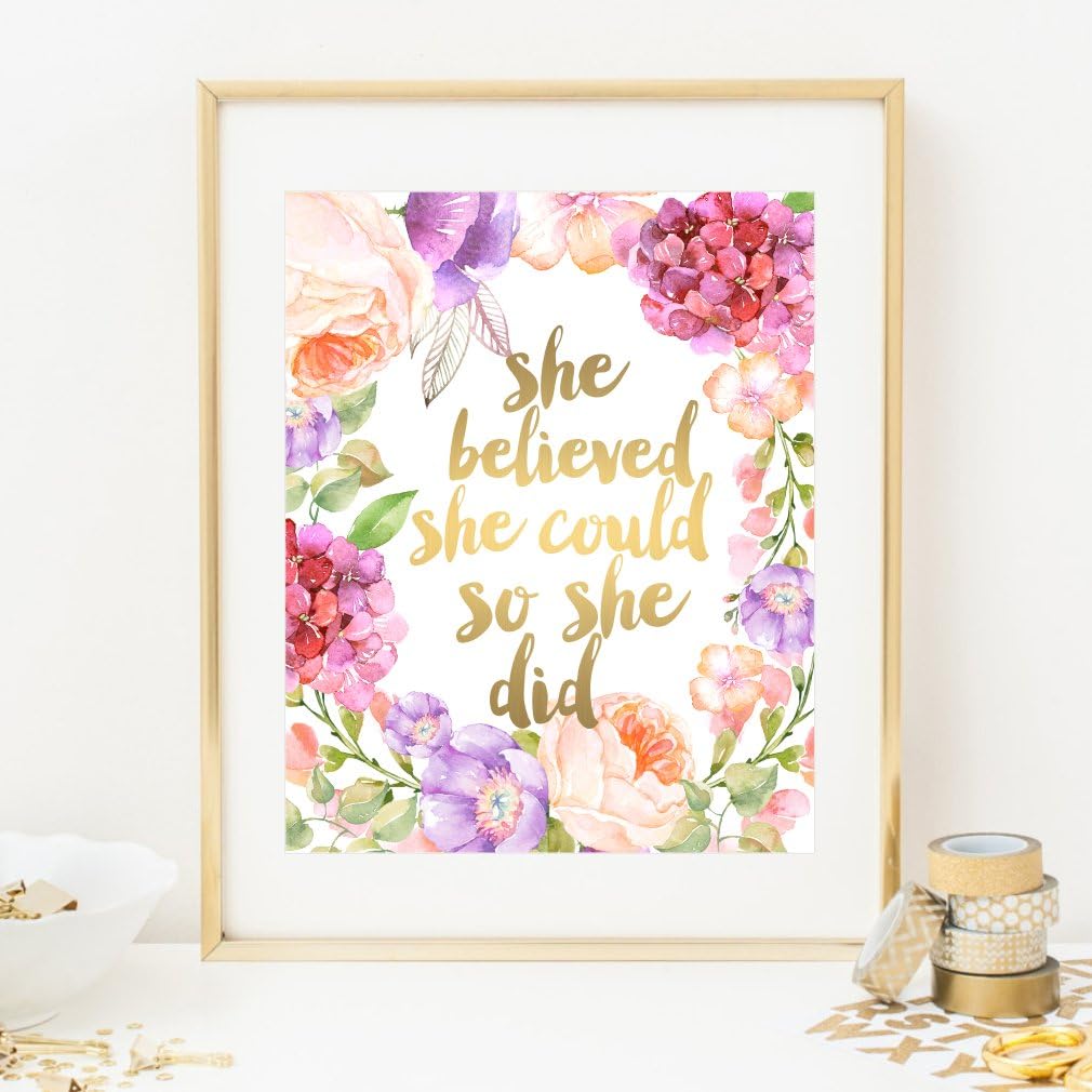 Amazon Com Eleville Unframed She Believed She Could So She Did Real Gold Foil And Floral Watercolor Art Print Kids Art Quote Teen Room Wall Art Nursery Decor Motivational Inspirational Print Wg089 8x10