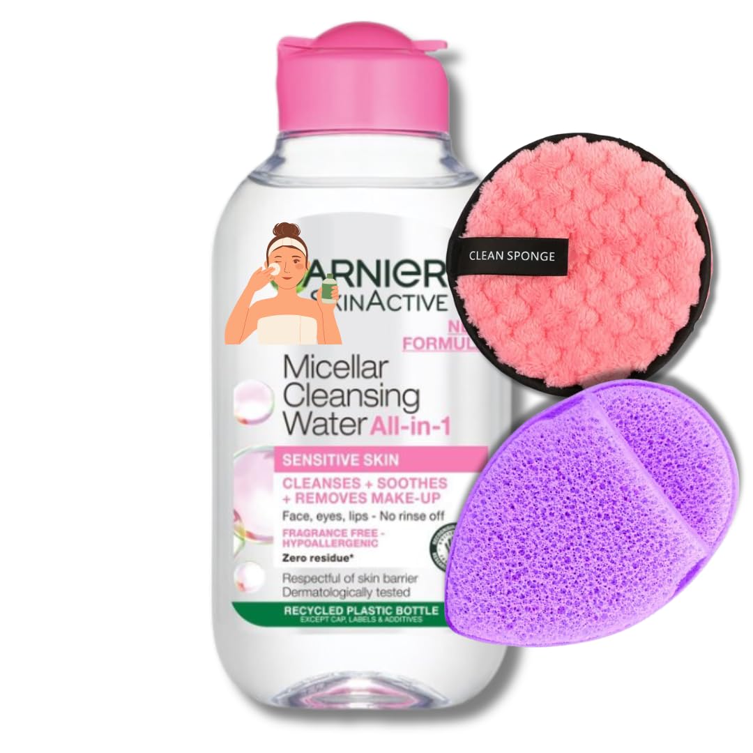 Micellar Cleansing Water Travel Set – Gentle Face Cleanser (100ml) with Reusable Makeup Remover Puff & Exfoliating Glove – Perfect for Sensitive Skin, Travel-Friendly Skincare