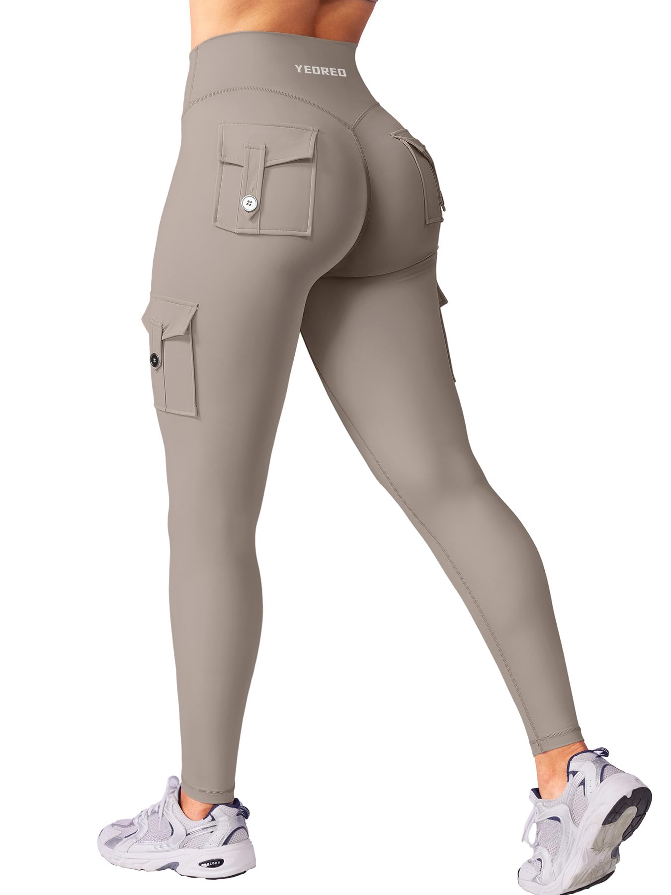 Photo 1 of YEOREO CoreFlex Gym Workout Cargo Leggings with Pockets for Women Hidden Scrunch Butt Lifting Yoga Leggings Coffee Grey XS