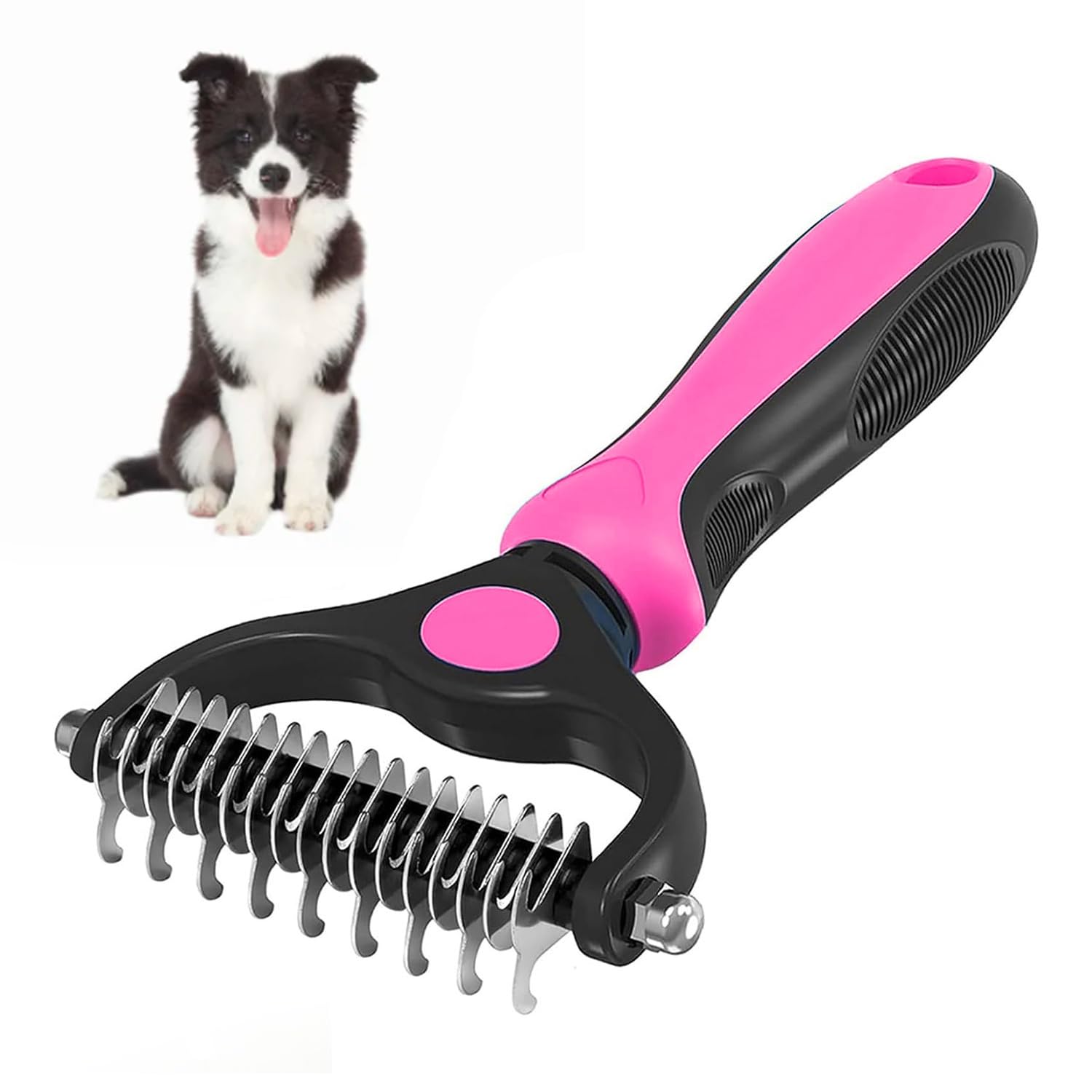 Dematting Comb for Dog and Cat, Pet Grooming Rake and Brushes for Small, Medium & Large Dogs 17+9 Double Sided Deshedding Tool Removes Knots and Tangled Hair (Rose Red)