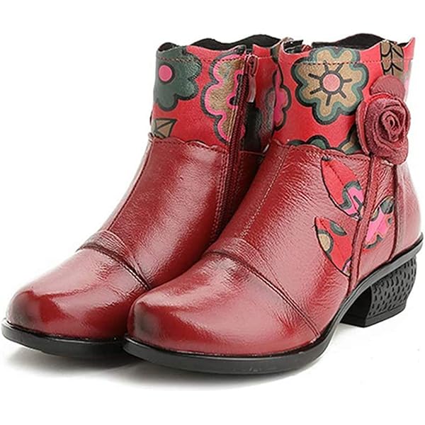 Women's Ankle Booties Ethnic Style - Tapered Heel Round Toe Button Side Zipper, Comfy Fall Winter Boots - View #6