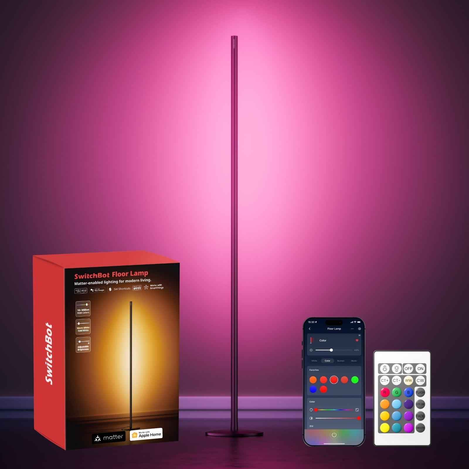 SwitchBot Matter Stehlampe Wohnzimmer, RGBCCT Floor Lamp Dimmbar mit APP Fernbedienung, Kompatibel mit Apple Home, Alexa, Google Home, LED Stehlampe Schwarz mit Warm- & Kaltweiß, Szenenmodi, Musikmodi