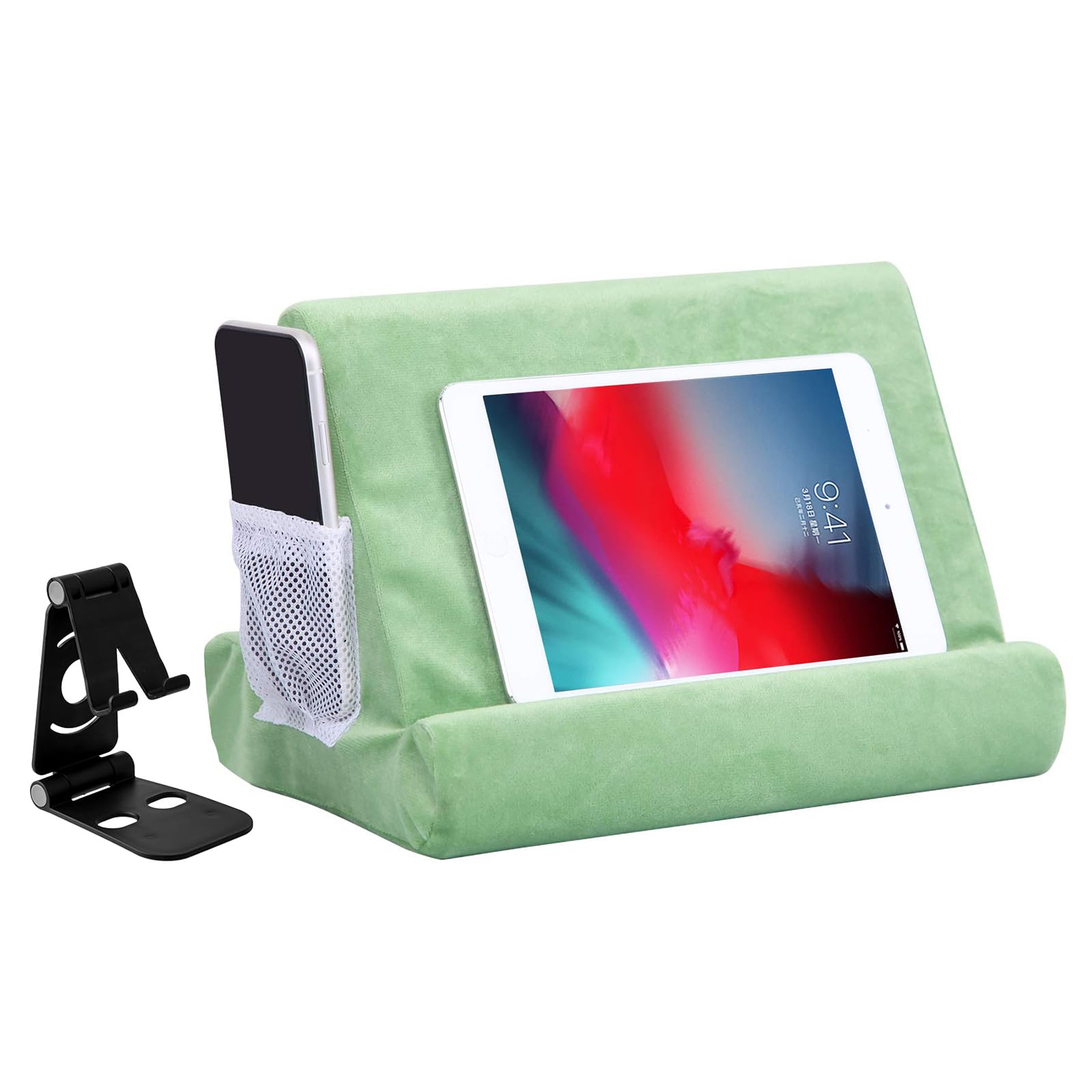 2pcs Multi-Angle Tablet Holder Cushion Stand with Net Pocket & Black Color Phone Stands Upgraded Tablet Pad Support for Phone,Pad,Books(LightGreen)