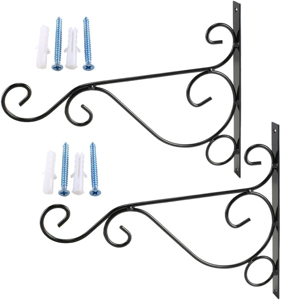 2PCS Wall Mounted Bird Feeders Plant Lantern Hanging Hooks, Curved Flower Planter Pot Rack Hanger Bracket with Screw
