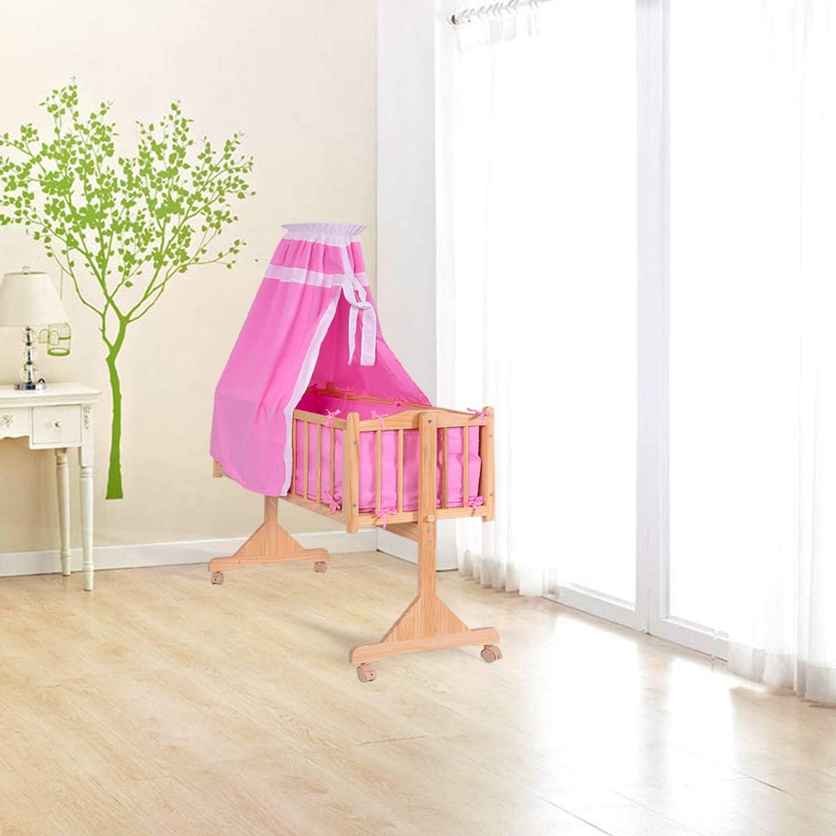 Lit Bebe En Bois Berceau Bebe Berceau A Bascule Matelas Ciel De Lit Set De Lit 9 Pieces 3 Couleurs Rose Amazon Fr Bebes Puericulture