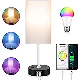 Bedroom Lamp with Smart RGB LED Bulb, Multicolor Changing Table Lamp for Bedroom with 2 USB Port, Dimmable Bedside Lamp Work 