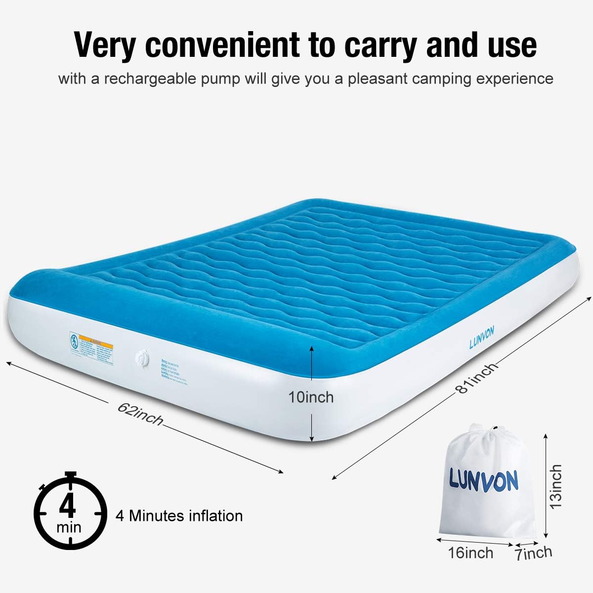 Lunvon Queen Air Mattress for Home and Camping Outdoor Self Inflatable Pad Blow Up Bed with Built-in Pillow Anti-Leakage Raised Airbed Quick Rechargeable Pump for Guest Height 10" 2-Year After Service: Kitchen & Dining
