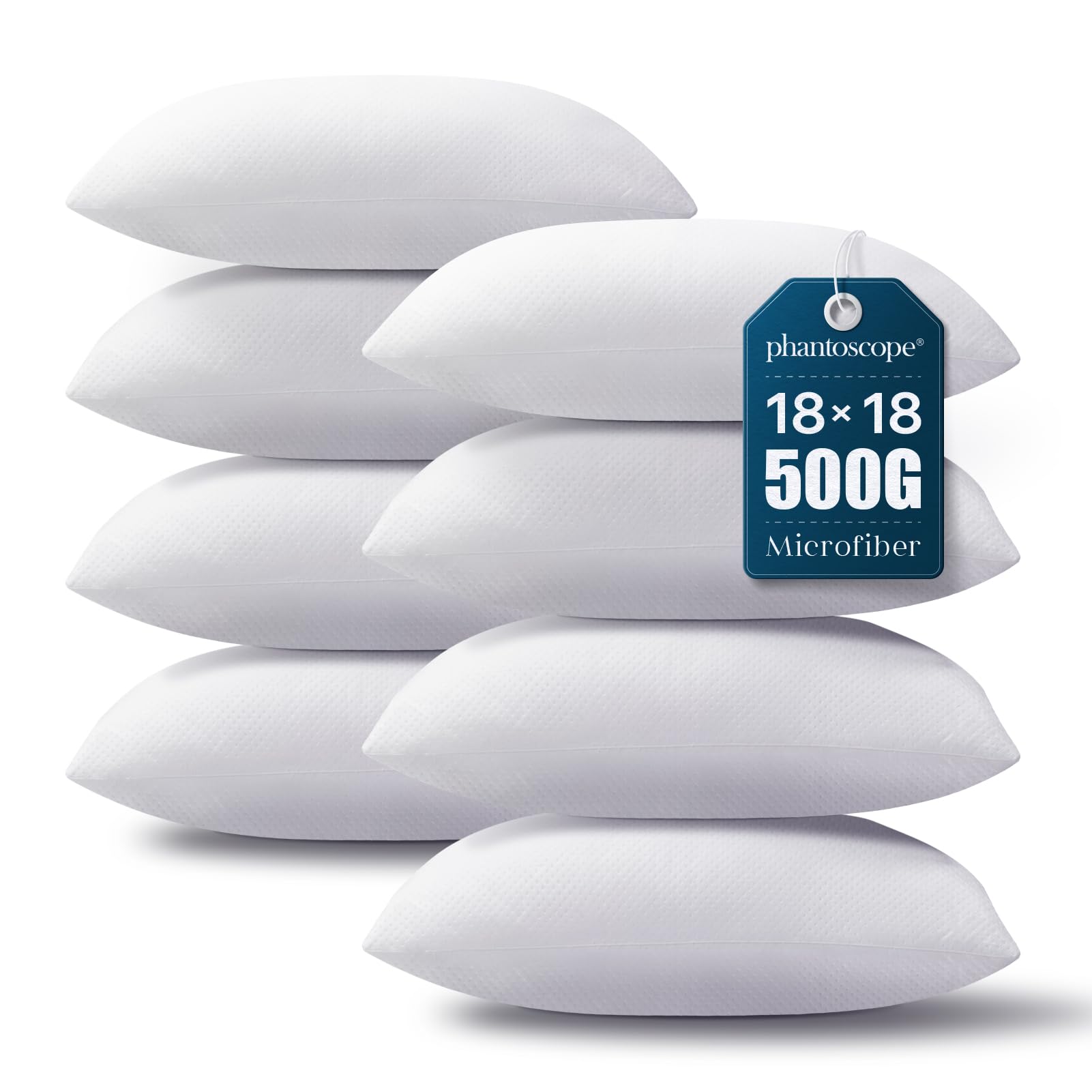 Phantoscope Pillow Inserts, Hypoallergenic 100% Virgin Fiber Square Form Microfiber Throw Pillow Inserts, Couch Bed Pillows 45x45 cm, 18x18 Inch (Pack of 8)