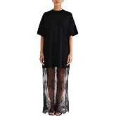 NUFIWI Women Short Sleeve Shirt Dress Crewneck Oversized Lace Maxi Dress Embroidered Lace Patchwork Long Dresses