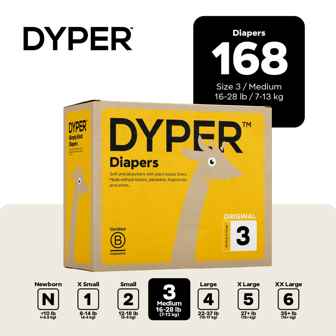 DYPER - Baby Diapers Hypoallergenic Cloth Alternative Day & Overnight Protection - Made with Plant-Based* & Honest Ingredients - Size 3 (168 Count)