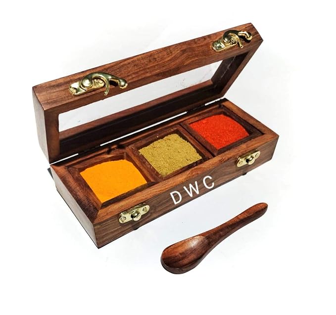 DELUXE WOOD HANDICRAFTS Spice Box with Spoon in Sheesham Wood Spice Box for Kitchen Indian