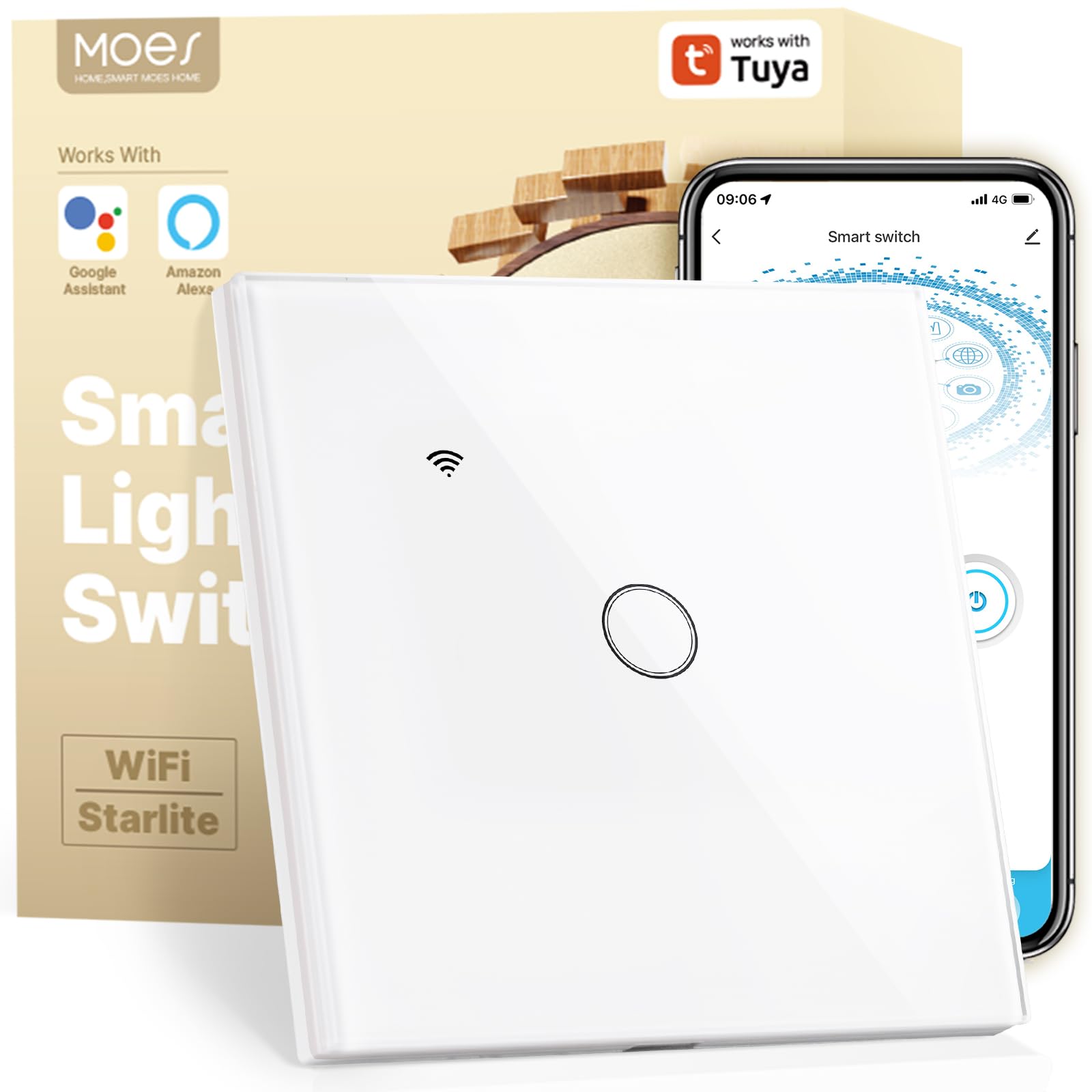 MOES WiFi Smart Touch Wall Switch 1 Gang, Multi-Control, Neutral/No Neutral Wire Installation (Capacitor Included), Compatible with Tuya Smart Life App Alexa Google Home