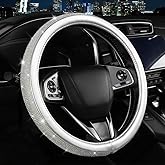 Bling Diamond Steering Wheel Cover, Leather Steering Wheel Covers for Women Girls with Crystal Rhinestones, Breathable, Anti-Slip Universal Fit 14.5-15 Inch Bling Car Accessories(Silver)