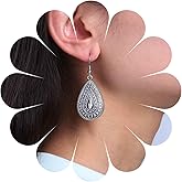 Andelaisi Boho Oval filigree Dangle Earrings Vintage Geometric Teardrop Earrings Silver Textured Waterdrop Earrings Ethnic Filigree Oval Statement Earrings Jewelry for Women