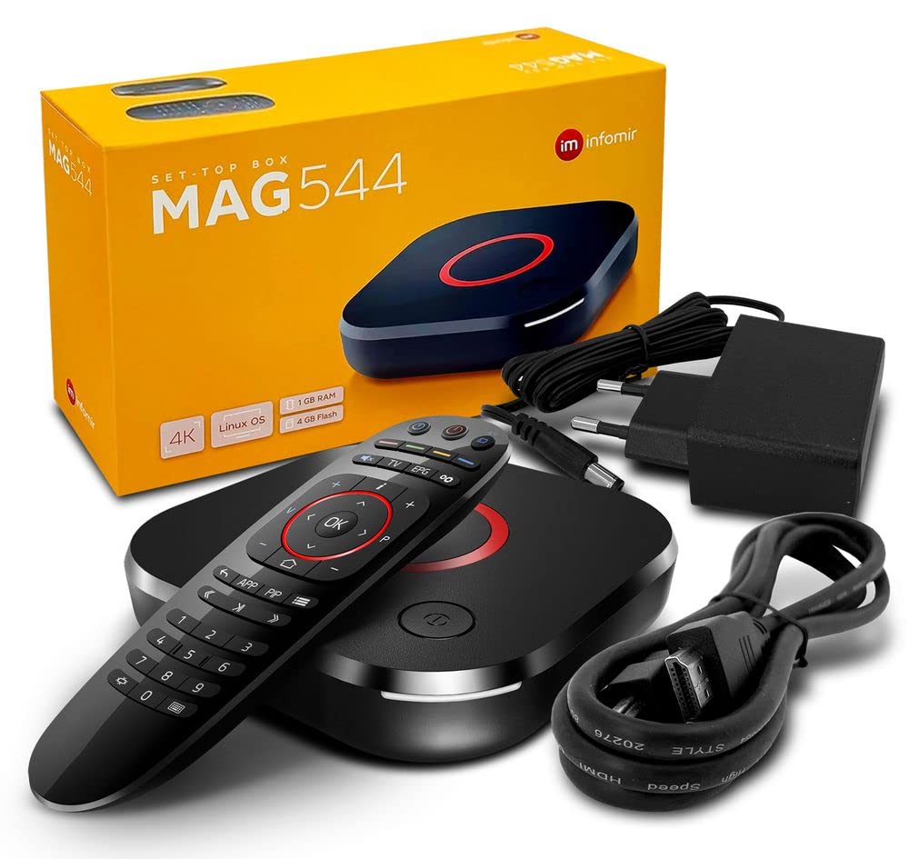 Infomir Original MAG 544 W3 4K Set Top Box Multimedia Player Internet TV Receiver 2160p @ 60 FPS HDMI 2.1 HDR and HEVC Support USB 3.0 4X ARM Cortex-A35 + HDMI Cable, Much Faster Than Mag 524w3
