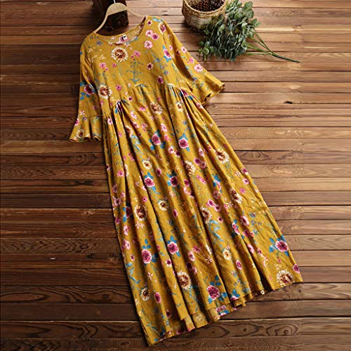 DONTAL Women Vintage Leisure Trumpet Sleeve O-Neck Broken Flower Print Long Dress Yellow - Thumbnail 2