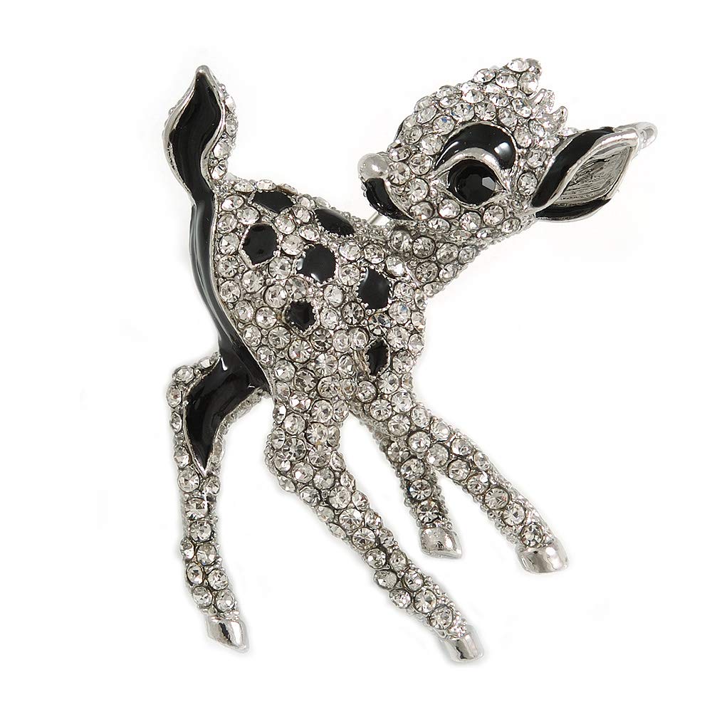 Cute Crystal Baby Fawn/Young Deer Brooch/Pendant In Silver Tone Metal - 48mm Tall