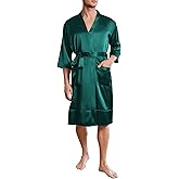 Ekouaer Mens Satin Robe Lightweight Silky Kimono Bathrobe 3/4 Sleeve Spa Knee Length Loungewear with Pockets S-3XL