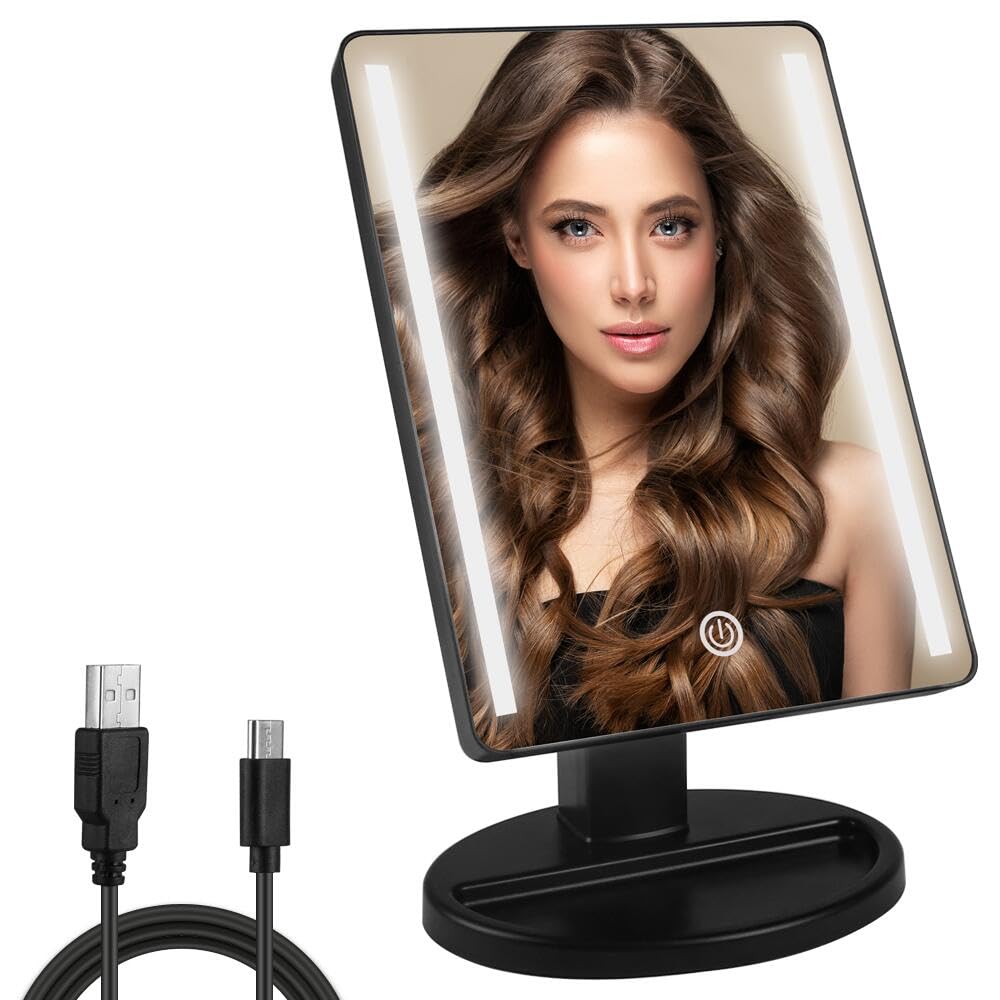 Photo 1 of KAKULO Lighted Makeup Mirror with Lights Vanity Makeup Mirror with Adjustable Brightness and 180 Degree Rotation Touch Screen Dual Power Supply Gifts for Teens Girls Women (Black)